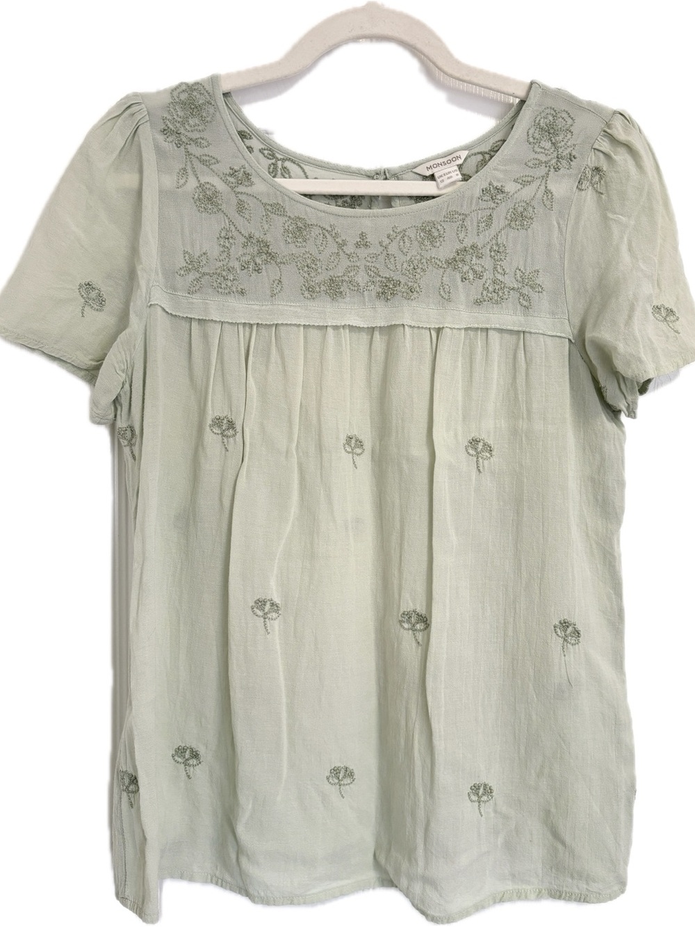 Monsoon Pale Sage Green Embroidered Short Sleeve Blouse